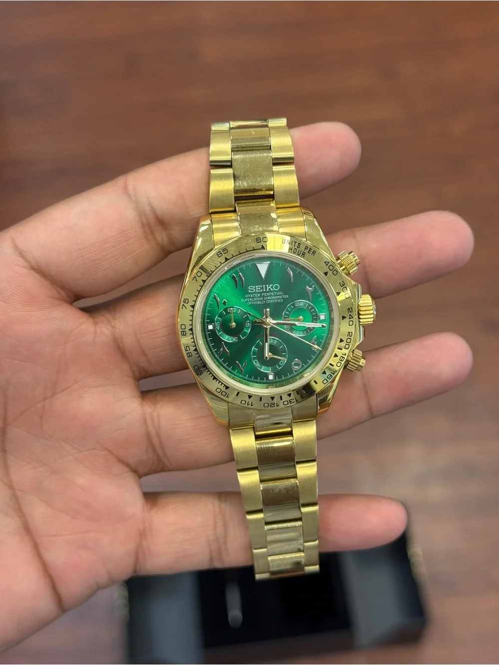 Seiko mod Gold Bracelet Chronograph with Green Dial Arabic Mens watch